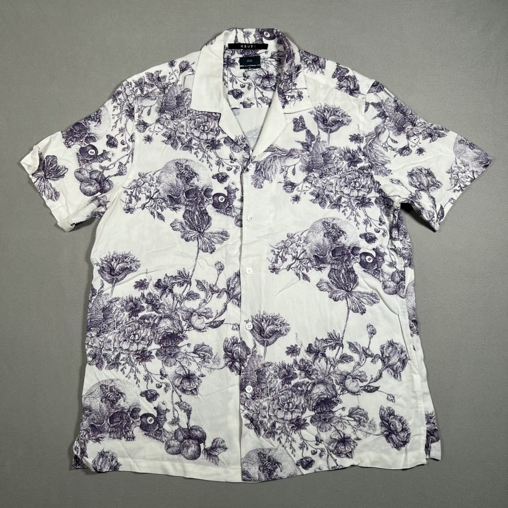 Ksubi Mens Resort Camp Shirt Medium White Purple Floral Skull 8-Ball Viscose